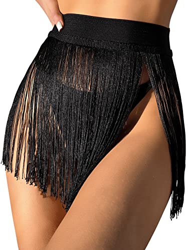 Verdusa Women's Fringe Trim High Waisted Mini Skirts Cover Up Black M