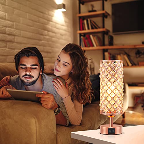 Hong-in Crystal Table Lamp, Rose Gold Lamp with USB C+A Ports, 3 Way Dimmable Light with Crystal Lampshade, Bedside Lamp Small Touch Light for Living Room Bedroom Home, Charge Phone (Bulb Included)