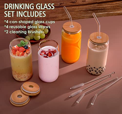 4pcs Set Drinking Glasses With Bamboo Lid And Glass Straw - 16oz Can Shaped Drinking Glass Set, Iced Coffee Mug, Cute Tumbler Cup, Whiskey, Water- Gift Best Choice - 2 Cleaning Brushes (1)