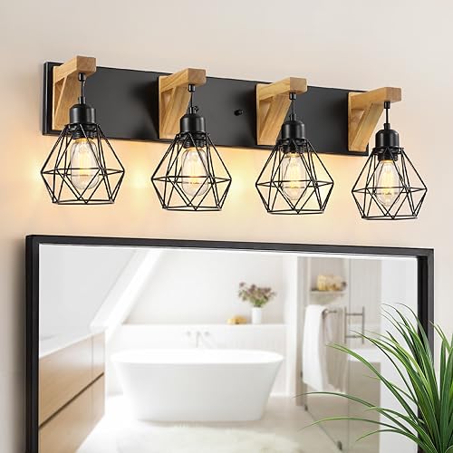 4-Light Farmhouse Vanity Light for Bathroom, Wood Bathroom Light Fixtures Over Mirror, Rustic Sconces Wall Lighting with Elegant Metal Lampshade for Living Room, Bedroom, Hallway