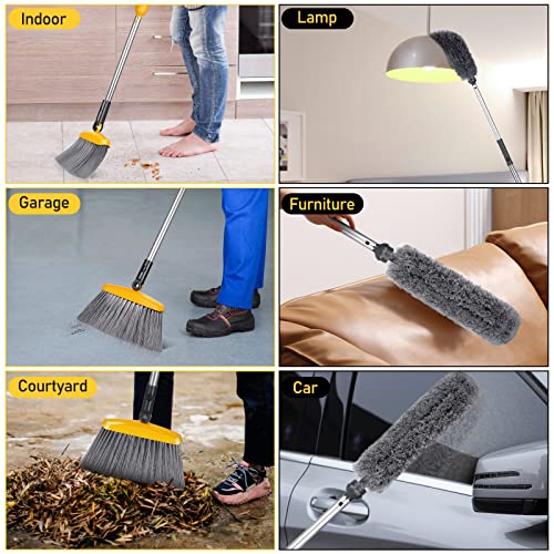Broom and Duster Set, 2 in 1 Indoor Broom with Microfiber Duster, Long Thickened Handle Broom with 180 ° Rotating Head for Floor Cleaning, Bendable Duster for Ceiling Fan High Ceiling Blinds Cleaning