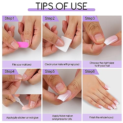 Kugge Short Press On Nails Square, 24PCS Nude White Ombre French Fake Nails Kit with Nail Glue and Adhesive Jelly Glue, Gel Made Reusable Glue On False Nails for DIY Manicure at Home(Short Square Pink White Ombre)