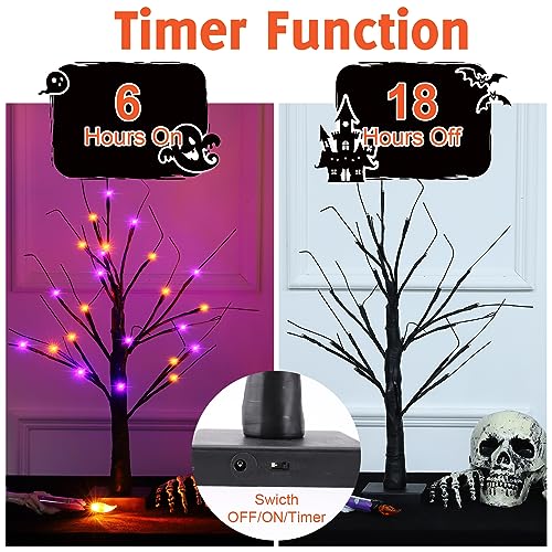 Efunly 2 Pack 24 Inch Halloween Black Spooky Tree with Orange & Purple Lights, USB&Battery Operated Tabletop Halloween Black Tree with Timer for Halloween Decorations Indoor Home Holiday Party