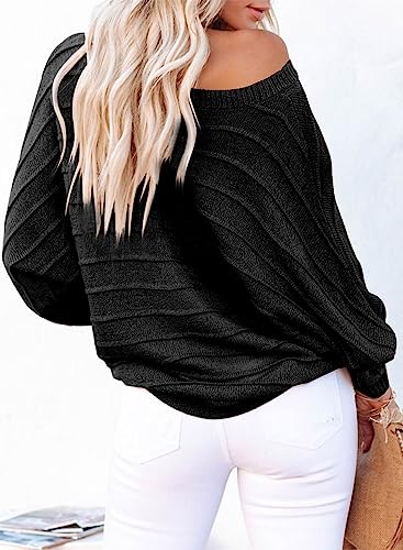 Dokotoo Womens Fall 2023 Sweater Business Casual Clothes Fashion Off The Shoulder Crew Neck Sweaters for Women Batwing Long Sleeve Ribbed Knit Pullovers Long Tunic Tops Black Medium