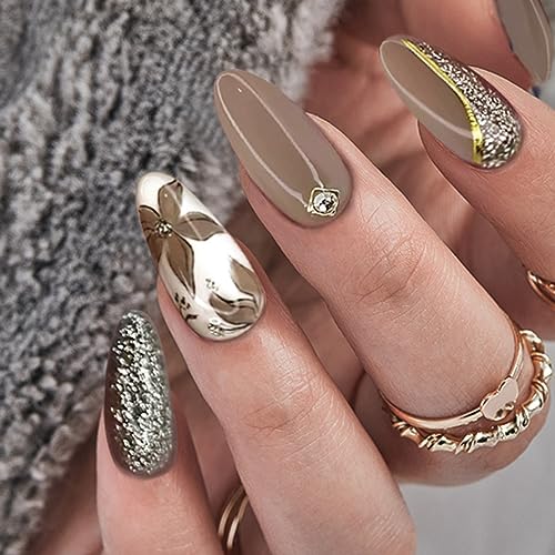 Almond Press on Nails, Brown Fake Nails Medium Length False Nails Fall Winter Acrylic Nails Rhinestone Flower Artificial Nails with Glitter Designs Full Cover Glossy Stick on Nails for Women Girls