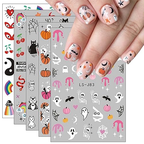 JMEOWIO 9 Sheets Halloween Nail Art Stickers Decals Self-Adhesive Pegatinas Uñas Cute Ghost Witchy Spider Web Bat Pumpkin Spook Nail Supplies Nail Art Design Decoration Accessories