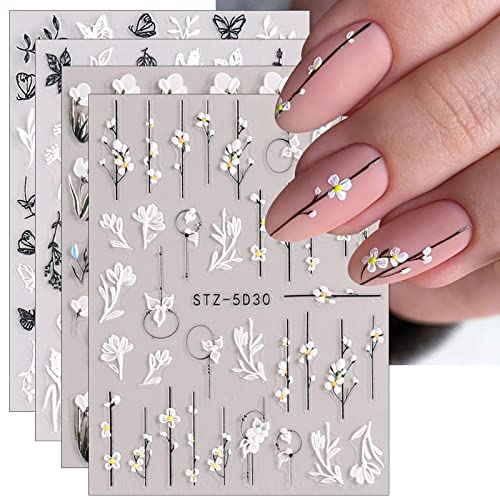 JMEOWIO 3D Embossed Flower Spring Nail Art Stickers Decals Self-Adhesive Pegatinas Uñas 5D Summer Colorful Floral Nail Supplies Nail Art Design Decoration Accessories 4 Sheets