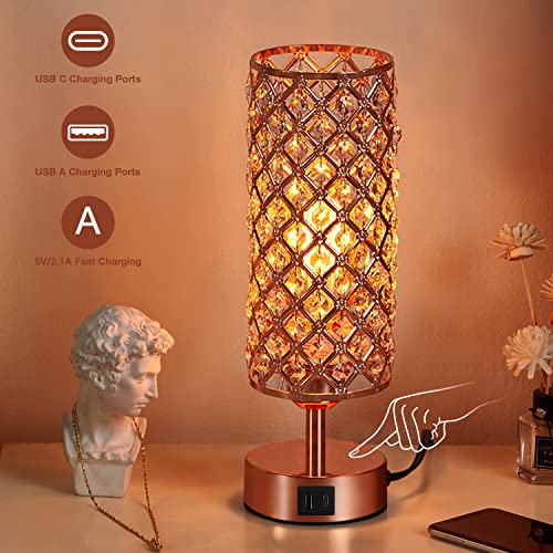 Hong-in Crystal Table Lamp, Rose Gold Lamp with USB C+A Ports, 3 Way Dimmable Light with Crystal Lampshade, Bedside Lamp Small Touch Light for Living Room Bedroom Home, Charge Phone (Bulb Included)