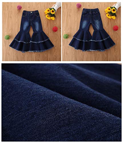 Sitmptol Fashion Baby Kid Girls Women Ruffled Wide Leg Denim Flared Pants Ripped Jeans High Waist Bell Bottoms Outfits 1-2T Dark Blue