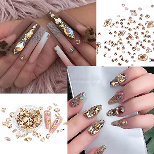 BELICEY Nail Rhinestones Kit 800PCS Multi-Shape Rhinestones for Nail Crystals Decoration Nail Hearts Butterfly Charm Nail Dimond Gems Stone for Nail Art Jewels DIY Crafts Clothing (Gold)
