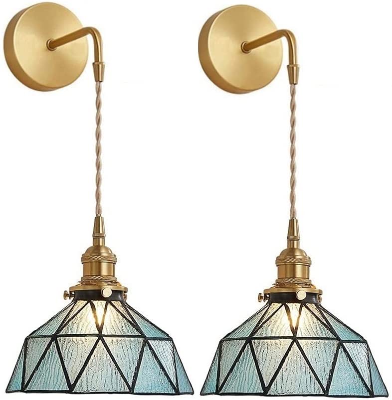 Tiffany Wall Sconces Battery Operated Set of 2,Indoor Wireless Wall Lights with Remote,Blue Glass shade Vintage Hanging Wall Lighting Fixture Wall Decor for Bedroom Bathroom Living Room Hallway