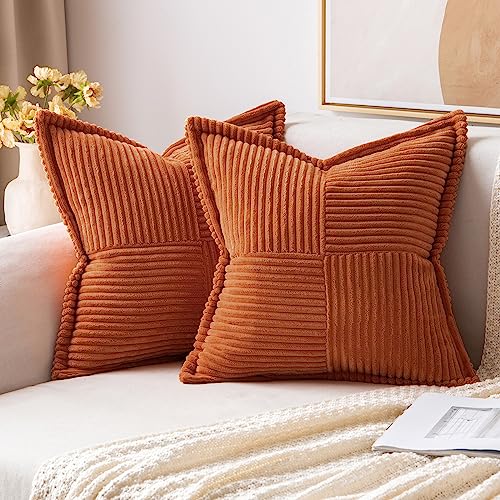 MIULEE Fall Rust Pillow Covers 18x18 Inch with Splicing Set of 2 Super Soft Boho Striped Corduroy Pillow Covers Broadside Decorative Textured Throw Pillows for Couch Cushion Livingroom