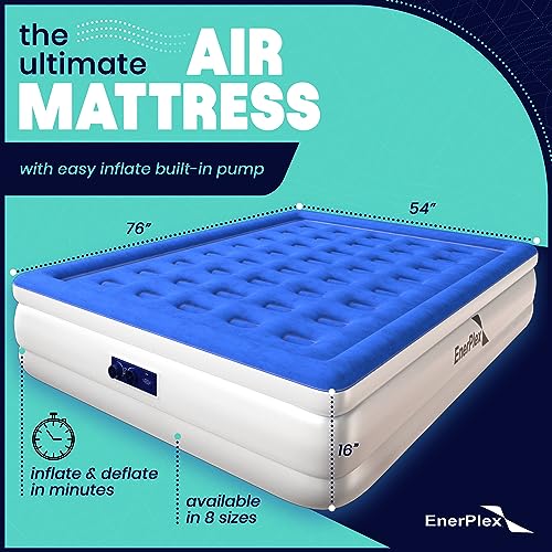 EnerPlex Queen Air Mattress with Built-in Pump - 16 Inch Double Height Inflatable Mattress for Camping, Home & Portable Travel - Durable Blow Up Bed with Dual Pump - Easy to Inflate/Quick Set Up﻿