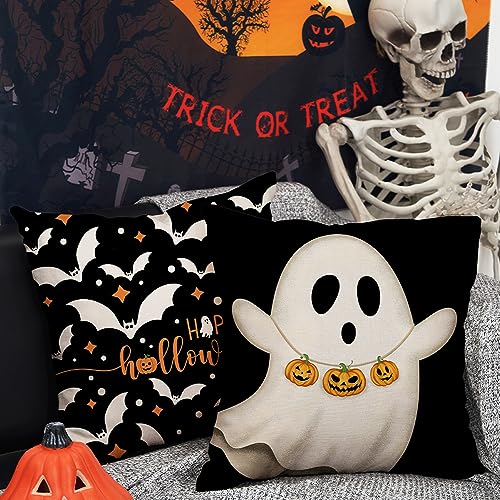 DFXSZ Halloween Pillow Covers 18x18 inch Set of 4 Halloween Decorations Ghost Pumpkins Bats Decor Holiday Pillow Case Farmhouse Decor for Home Sofa B107