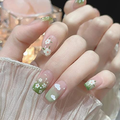 Green Press on Nails Short Square Fake Nails Small Flower False Nails with Designs Cute Cloud Floral Acrylic Nails Full Cover Glossy Stick on Nails Spring Summer Glue on Nails for Women Girls Manicure