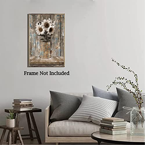 Rustic Farmhouse Sunflowers Wall Art Flowers Painting Country White Canvas Wall Art Prints Wood Board Artwork Picture Canvas Painting Home Decor For Bedroom Living Room 16X24 inch Frameless