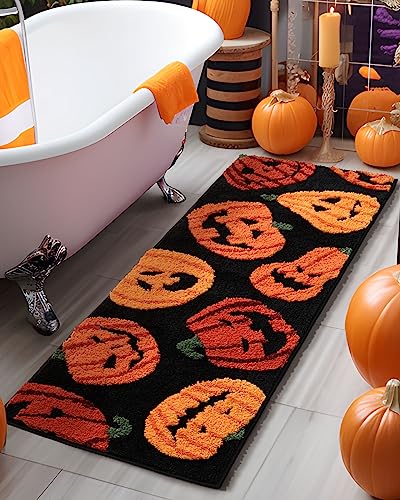 DEXDE Fall Halloween Bathroom Rugs Runner Pumpkins Long Bath Mat for Autumn Harvest Thanksgiving Home Decor, Soft Luxury Plush Non-Slip Carpet for Hallway Bedroom Kitchen, Orange Yellow 20x60