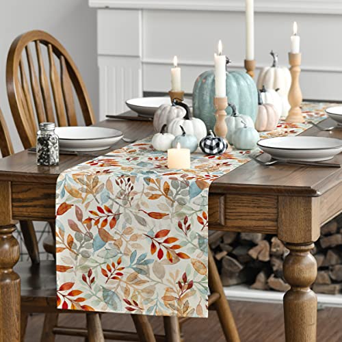 Artoid Mode Beige Eucalyptus Leaves Fall Table Runner, Seasonal Autumn Kitchen Dining Table Decoration for Outdoor Home Party 13x72 Inch