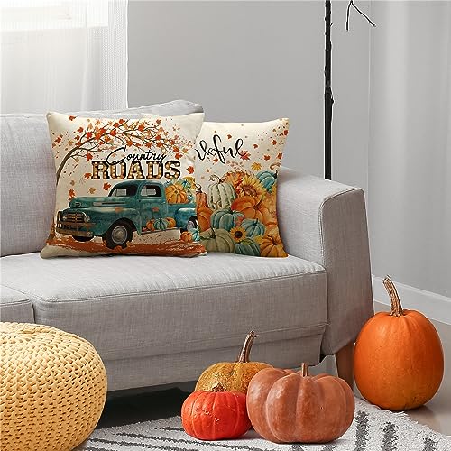 NIGHTWISH 4pcs 18×18 Fall Pillow Covers Fall Decorations Blue and Orange Atmosphere Pumpkin Throw Pillow Covers Holiday Rustic Linen Fall Pillow Case for Sofa Couch