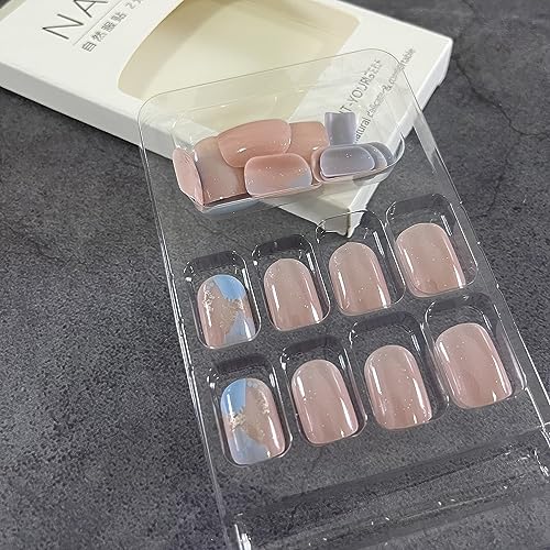 Short Square Press on Nails, Acrylic Fake Nails Pink Blue Gold Foil False Nails with Designs Artificial Full Cover Glue on Nails Short Stick on Nails for Women Glossy Nails 24Pcs