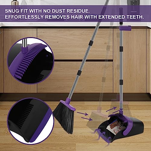 Extra-Large Upright Broom and Dustpan Set, 55-inch Long Handle Self Cleaning Pueple Broom and Dustpan Set for Home Kitchen Office Floor