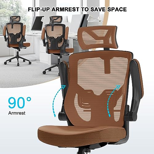 𝑯𝑶𝑴𝑬 𝑶𝑭𝑭𝑰𝑪𝑬 𝑪𝑯𝑨𝑰𝑹, Ergonomic Mesh Desk Chair, High Back Computer Chair- Adjustable Headrest with Flip-Up Arms, Lumbar Support, Swivel Executive Task Chair (Mummy Brown, Modern)