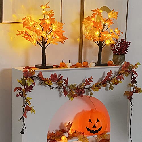 Efunly 2 Pack Fall Maple Tree with 48 LEDs Battery Operated Light Up Artificial Pumpkins Maple Acorn Tree for Fall Thanksgiving Table Harvest Home Indoor Decoration