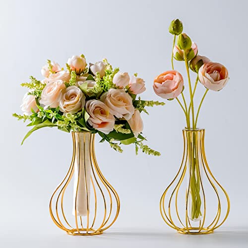 Grensuk 2 Pcs Gold Decor Vase,Flower Vase Glass Test Tube,Set of 2 Gold Metal Flower Vases for Home Decor and Centerpieces-Small Desk Decor Vases-Elegant Gold Decor for Flowers,Small vases