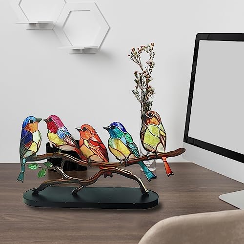 Ysnhsye Conille Stained Birds on Branch Desktop Ornaments for Bird Lover,Made of Thin Metal Glass Effect Home Decor Desk Decor for Bedroom Living Room and Office (5birds)
