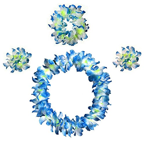 Hawaiian Luau Hula Grass Skirt with Large Flower Costume Set for Dance Performance Party Decorations Favors Supplies (32" - Blue)