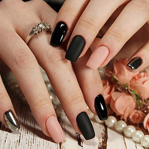 48 Pcs Halloween False Nails Short Coffin Press on Nails Full Cover Square False Nails Artificial Nail Tips Art with 4 Pieces Nail Glue Nail Files and Wooden Stick for Women and Girls (Black)