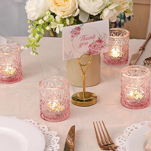 Sunnyfuture 12pcs Pink Votive Candle Holders, Tealight Candle Holders, Glass Candle Holders for Table Centerpiece, Wedding, Home Decoration, Birthday Party,Gifts