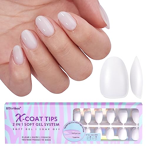 XS Short Almond Oval Gel Nail Tips - BTArtboxnails Extra Short Soft Gel Nail Tips, Milky White Press On Nails, 2 in 1 Neutral X-coat Tips Pre-applied Tip Primer, Stronger Adhesion Fake Nails Short for Nail Extension