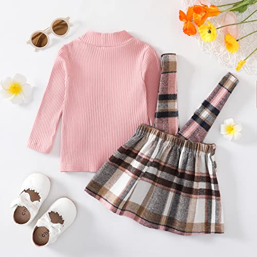 Baby Girls Fall Winter 2Pcs Outfit Sets Ribbed Long Sleeve Pullover Tops + Plaid Suspender Skirt 12 18 24M 2T 3T 4T 5T (A-Pink, 2-3 Years)