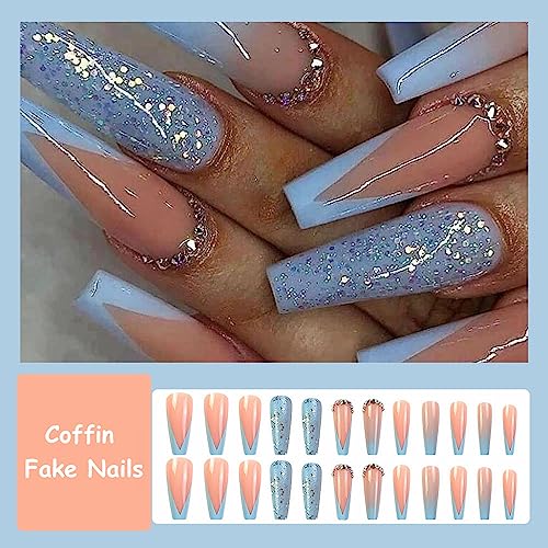 MISUD Long Coffin Press on Nails Ballerina Fake Nails Glossy Glue on Nails Blue French Tip Acrylic Nails Bling Glitter Artificial Nails 3D Rhinestone Stick on False Nails with Gradient Design 24 pcs