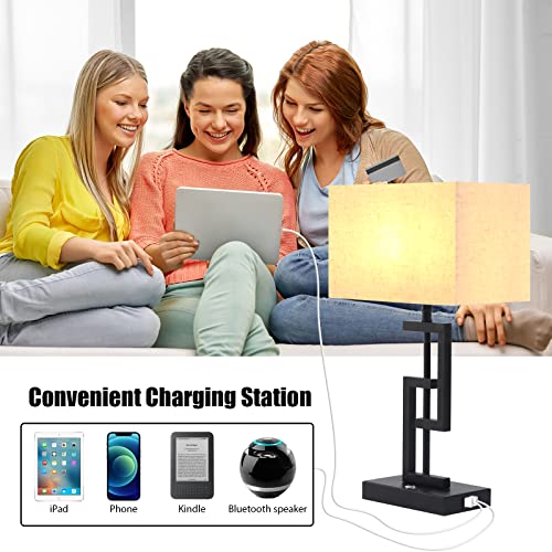 Modern 17'' Tall Table Lamp with USB Charging Ports - Perfect for Living Room, Bedroom Nightstand, and End Table - White Fabric Shade - 3-Way Dimmable Touch Control - Bulb Included