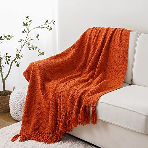 BATTILO HOME Burnt Orange Throw Blanket for Couch, Knit Halloween Blanket Versatile for Chair, Super Soft Warm Fall Decor Blanket with Tassels for Bed Sofa, 50" x 60"