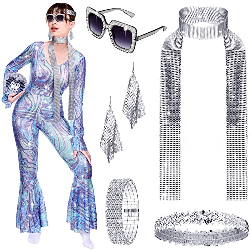 6 Pcs 70s Women Disco Outfit Set Disco Costume Dress Jumpsuit Jewelry Headband Bracelet Necklace Earring Glasses (X-Large)