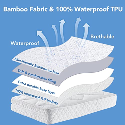 100% Waterproof Mattress Protector Twin Size, Bamboo Mattress Pad Cover Breathable Noiseless, Fitted Style with Deep Pockets (8-21"), Machine Washable (White, 39x75”)