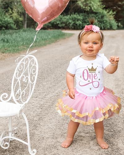 1st First 2nd Second Birthday Party Outfit- Baby Girl Pink Gold Silver Princess Tutu Set and Crown