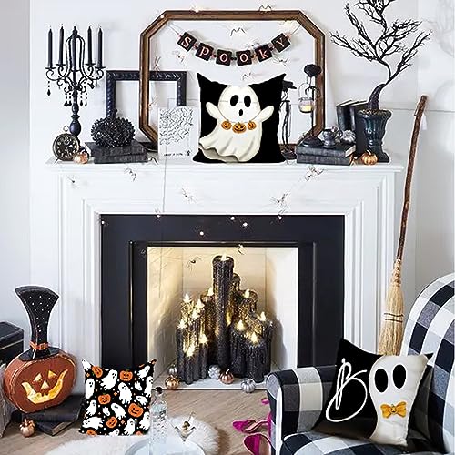 DFXSZ Halloween Pillow Covers 18x18 inch Set of 4 Halloween Decorations Ghost Pumpkins Bats Decor Holiday Pillow Case Farmhouse Decor for Home Sofa B107