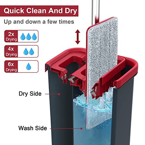 BOSHENG Mop and Bucket with Wringer Set, Hands Free Flat Floor Mop and Bucket, 3 Washable Microfiber Pads Included, Wet and Dry Use, Home Floor Cleaning System, Black and Red