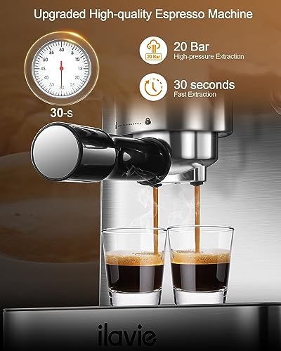 ILAVIE 20 Bar Espresso Machine, Stainless Steel Espresso Coffee Machine for Cappuccino, Latte, Espresso Maker for Home, Automatic Espresso Machine with Milk Steamer, 1.8L Water Tank, 1350W