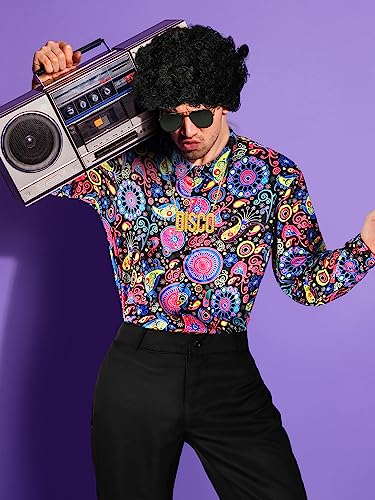 Mepase 6 Pcs Men 70s Disco Costumes Include Retro Shirt Bell Bottom Pants Sunglasses Necklace for Disco Party (Floral Style,Large)