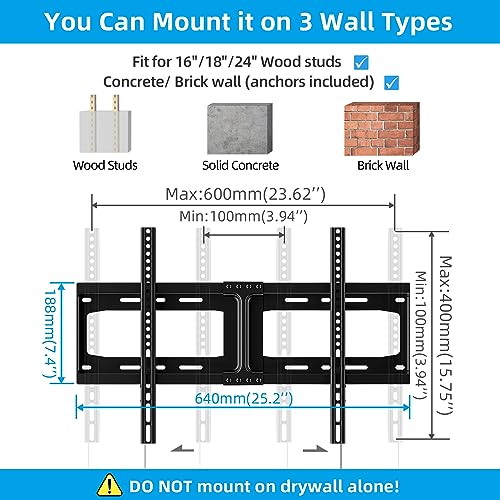 HOME VISION Fixed TV Wall Mount, Low 𝗣𝗿𝗼𝗳𝗶𝗹𝗲 TV Mount for Most 32-75 inch TVs, TV Wall Mount Bracket Max VESA 600X400mm Up to 165lbs Fits 16"-18"-24" Wood Studs, Quick Release Lock