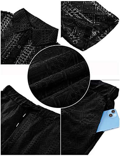 LecGee Mens Beach Sets Lace Short Sleeve Tracksuit Casual Shirt Shorts Fashion Summer Two Piece Outfits(Black,Medium)