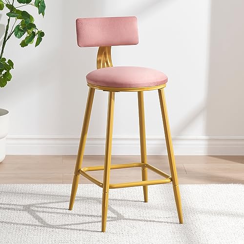 FELLYTN Velvet Bar Stools, 24”/29” Pink Counter Height Barstool with Back, Modern Round Counter Stools and Gold Metal Kitchen Height Chairs for Bar Pub Cafe