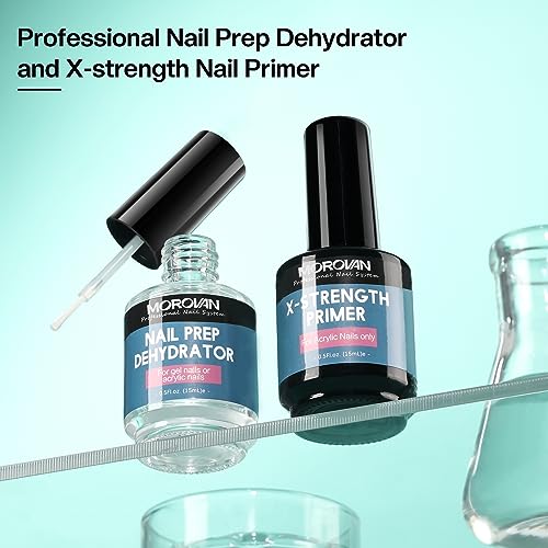 Morovan Nail Prep Dehydrator and Nail Primer X-strength, No Burn Non Acid Nail Primer and Dehydrator for Acrylic Powder Fast Dry 0.5oz Nail Primer Set