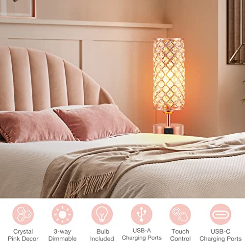 Hong-in Crystal Table Lamp, Rose Gold Lamp with USB C+A Ports, 3 Way Dimmable Light with Crystal Lampshade, Bedside Lamp Small Touch Light for Living Room Bedroom Home, Charge Phone (Bulb Included)