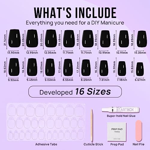 Press on Nails Halloween Black - BTArtbox Soft Gel Coffin Fake Nails with Nail Glue, Reusable Opaque Stick on Nails in 16 Sizes - 32 Nail Kit